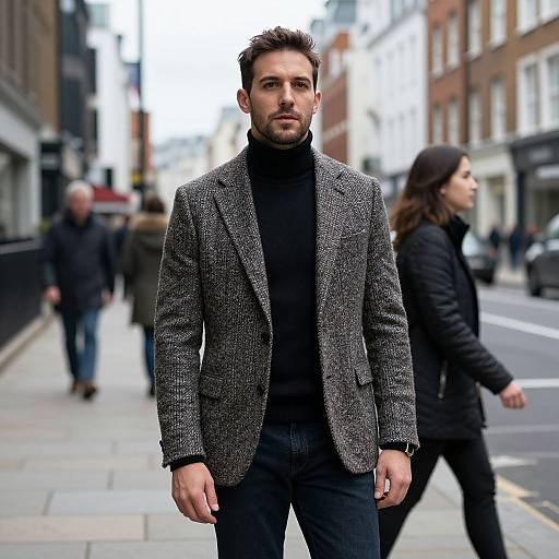 Photograph of a bearded man with short dark hair, wearing a gray herringbone blazer, black turtleneck, and jeans, standing