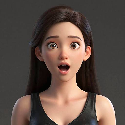 CGI portrait of a surprised young woman with wide eyes, open mouth, long black hair, wearing a black tank top, against a dark gray background