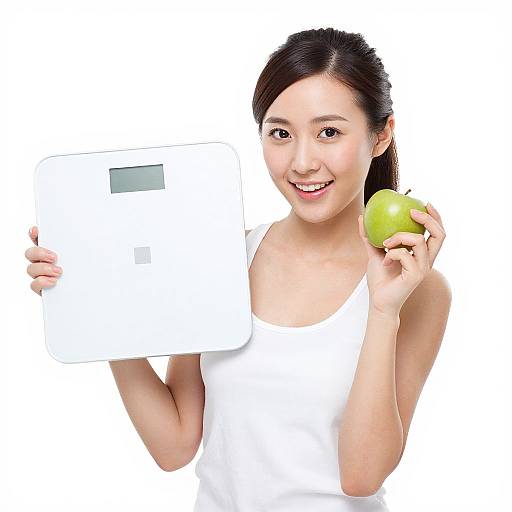 Young Woman Holding Apple and Scale