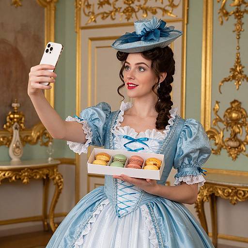 CGI image of a fair-skinned woman in a blue, puffed-sleeve, Victorian-style dress, taking a selfie while holding a tray