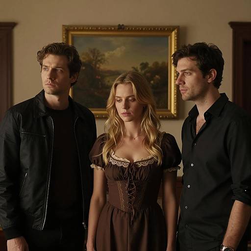 Three People Standing in Dimly Lit Room