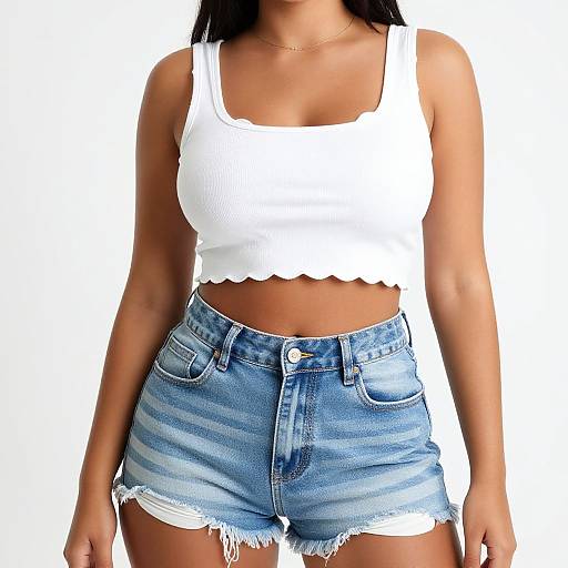 Photograph of a woman with tan skin, wearing a white ribbed crop top and frayed blue denim high-waisted shorts, against a plain
