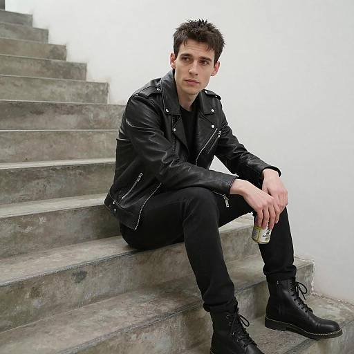 Man in Black Leather on Concrete Stairs