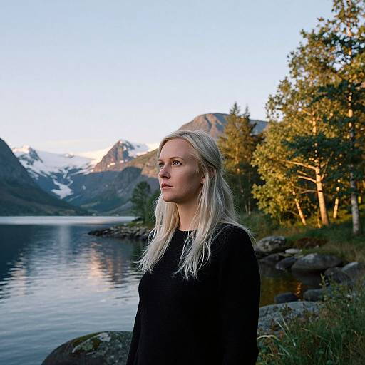 Photograph of a blonde woman in a black sweater, standing by a serene lake with mountains and trees at sunset.