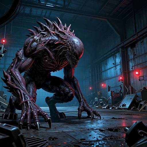 Digital artwork of a menacing, bioluminescent, alien creature with spiked, black exoskeleton, crouching in a dimly lit,