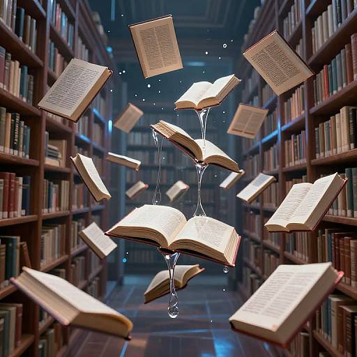 Photograph of floating, glowing books with water droplets in a dimly lit, narrow library aisle lined with dark wooden bookshelves.