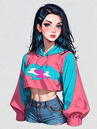 Stylish Woman in Crop Hoodie and Jeans