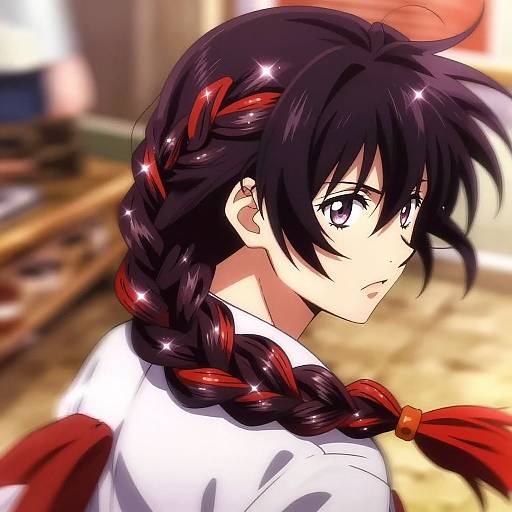 Anime-style digital drawing of a young man with black hair, purple eyes, and a red-braided ponytail, wearing a white shirt, in
