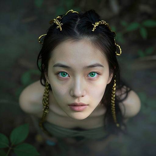 Photograph of a young Asian woman with green eyes, dark hair in braids adorned with gold butterflies, looking upwards with a solemn expression, surrounded by