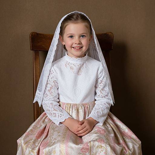 Photograph of a smiling young girl with light brown hair, wearing a white lace dress, floral skirt, and veil, sitting on a wooden chair against