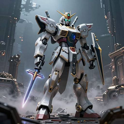 CGI image of a towering, white and silver robot with glowing blue eyes, holding a glowing blue sword, standing in a misty, industrial sci