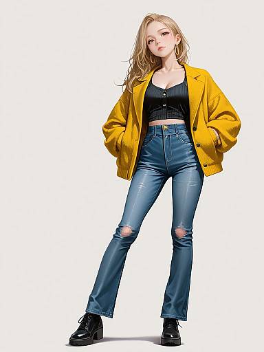 Digital artwork of a blonde woman with long hair, wearing a yellow jacket, black crop top, and ripped blue jeans, standing confidently against a white background