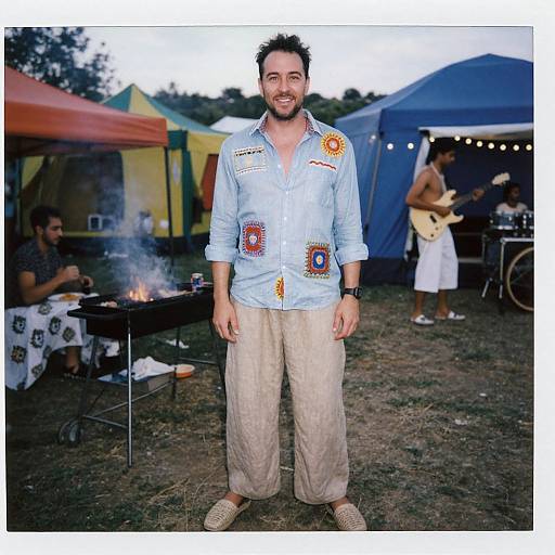 Photograph of a bearded man with short dark hair, wearing a light blue shirt with colorful embroidered patches and beige pants, standing at a campsite