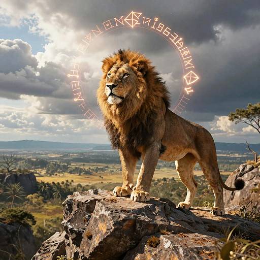Photograph of a majestic lion with a glowing, mystical circle of runes behind its head, standing on a rocky outcrop under a dramatic, cloudy sky
