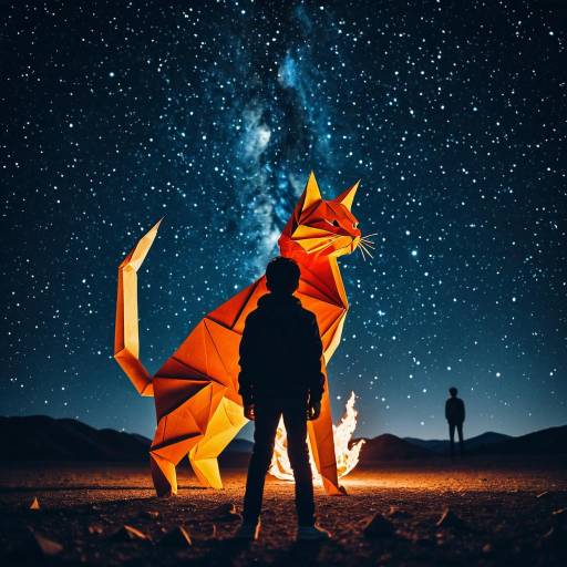 Boy beside giant origami cat under starry sky