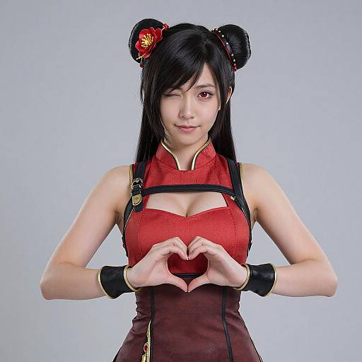 Photograph of an Asian woman with black hair in double buns, wearing a red Chinese-style dress, winking, forming a heart shape with her