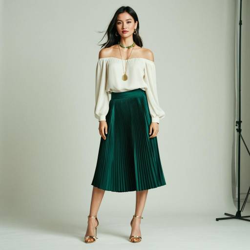 Fashionable Woman in Silk Off-Shoulder Blouse and Emerald Green Skirt