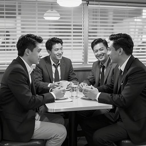 Black and White Photo of Four Men in Diner
