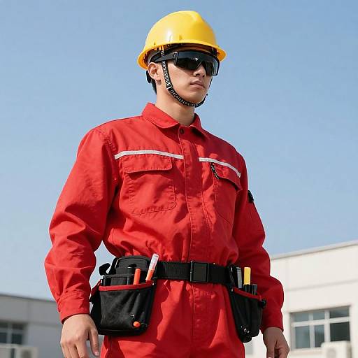 Photograph of a male construction worker in a bright yellow hard hat, black sunglasses, red uniform, and black utility belt, standing outdoors against a clear
