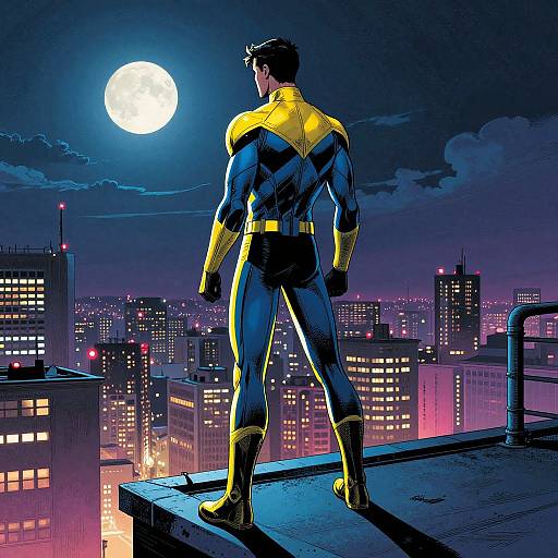 Comic-style illustration of a muscular superhero in blue and yellow suit, standing on rooftop, gazing at full moon over cityscape.