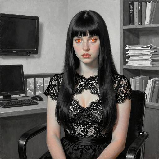 Digital art of a pale-skinned woman with long black hair, red glowing eyes, wearing a black lace dress, seated in a gray office with a