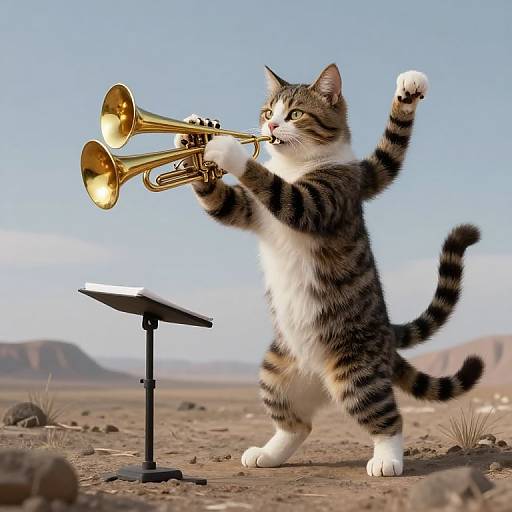 Photograph of a standing tabby cat with white chest and paws, playing a golden trumpet, with a music stand in a desert landscape under a