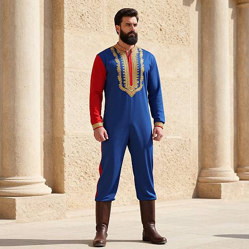 Photograph of a bearded man with dark hair, wearing a blue and red traditional Punjabi kurta with gold embroidery, standing in front of tall