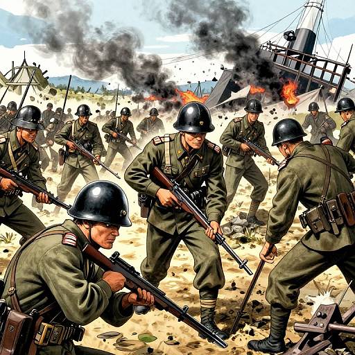 Digital illustration of intense WWII battlefield scene: soldiers in green uniforms and black helmets firing rifles, with black smoke and flames in background. Dynamic, action-packed