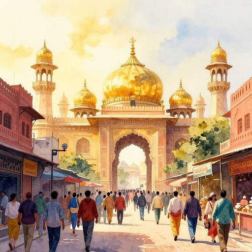 Vibrant digital painting of bustling Indian street leading to a golden-domed, archway palace, with diverse people walking in colorful attire.