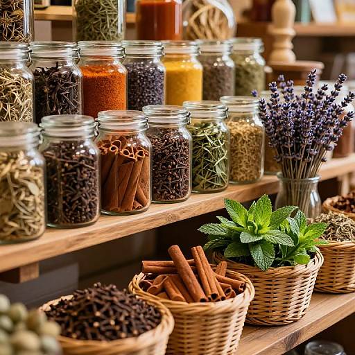 Photograph of a rustic spice shop display: jars of spices and herbs, cinnamon sticks, fresh lavender, mint, on wooden shelves.