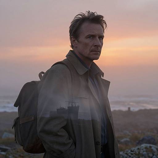 Photograph of a serious, middle-aged man with short, graying hair, wearing a tan jacket and backpack, silhouetted against a pink
