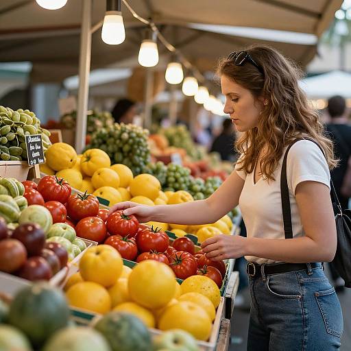 Photograph of a young woman with wavy brown hair, wearing a white t-shirt and blue jeans, selecting bright red tomatoes at a vibrant outdoor market