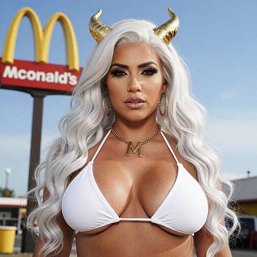 Photograph of a woman with long white hair, gold horns, large breasts in a white bikini top, gold necklace, standing in front of a McDonald