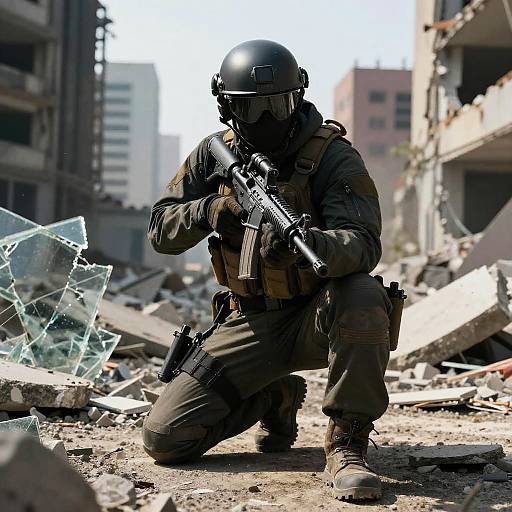 Crouched Siege Operator in Ruined City