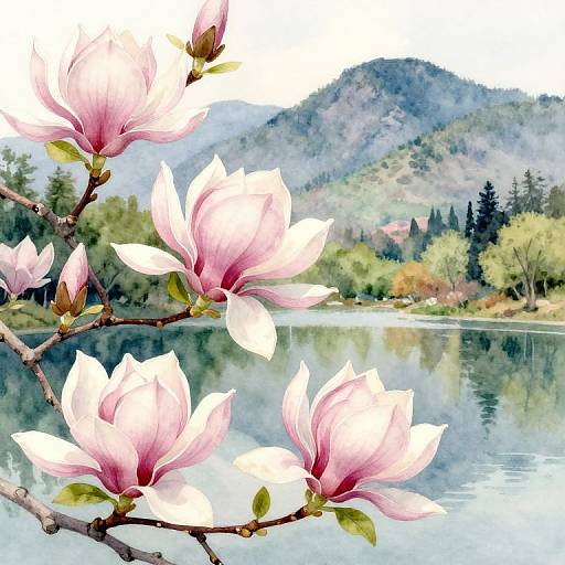 Serene Watercolor Magnolia Landscape