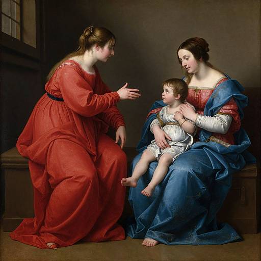 Renaissance-style painting: A fair-skinned woman in red gown gestures to a dark-haired woman in blue dress, holding a baby with light hair