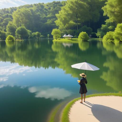 Serene Lakeside Drone Shot with Figure