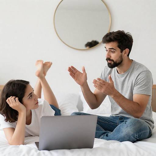 Couple Conversing on Bed with Laptop
