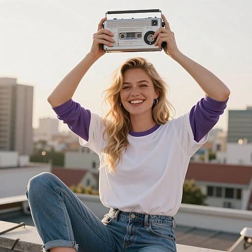 Smiling Woman on Rooftop at Sunset