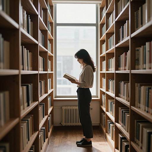 Photograph of a woman with curly hair, white blouse, black pants, and black shoes, reading a book in a sunlit library aisle flanked