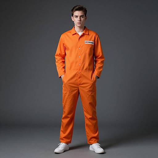 Photograph of a young man with short dark hair, wearing an orange prison jumpsuit, white sneakers, standing against a dark gray background, hands in