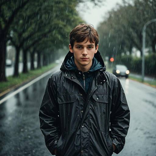 Young Man in Raincoat on Wet Road