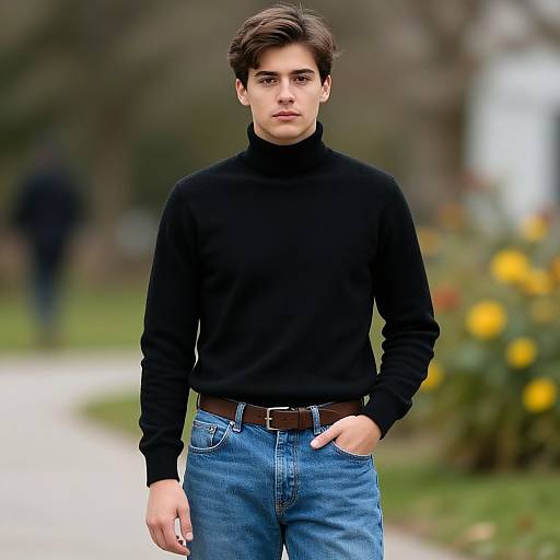 Photograph of a young man with short brown hair, wearing a black turtleneck and blue jeans, standing on a blurred garden path with yellow flowers