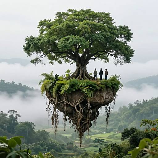 Majestic Tree Island Over Misty Valley