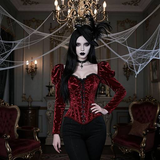 Gothic vampire woman in red velvet corset, black pants, black hair, and feathered headpiece, standing in dimly lit, ornate