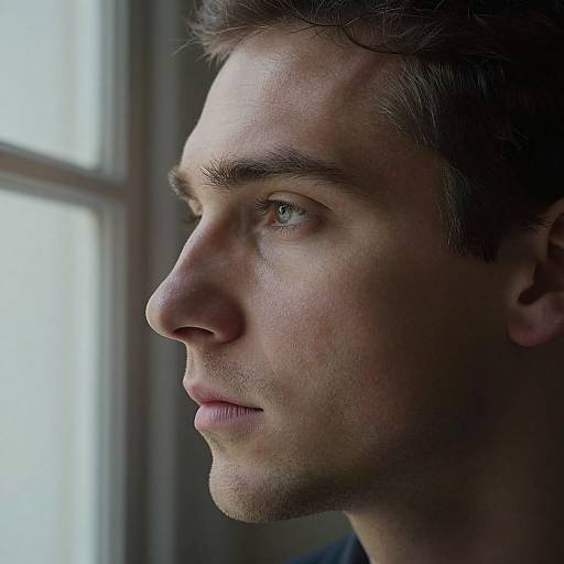 Close-up photograph of a pensive young man with light brown hair, green eyes, and a small scar on his forehead, gazing out a window