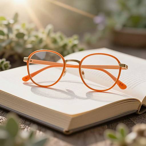 Photograph of orange round-framed glasses resting on an open book, bathed in sunlight, with blurred green foliage in the background.