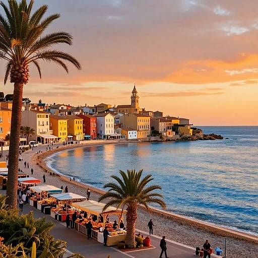 Sunset Coastal Town with Vibrant Market