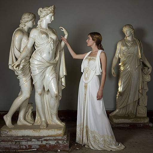 Photograph of a woman in a white, gold-embroidered gown touching a classical marble statue, with two more statues in the background.