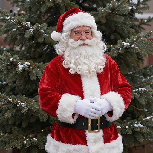 Photograph of a traditional Santa Claus with a white beard and red velvet suit, standing in front of snow-dusted evergreen trees.